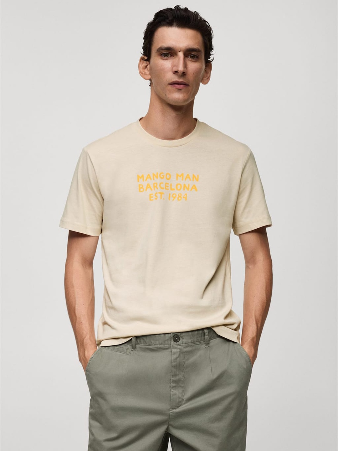 

MANGO MAN Logo Print Pure Cotton T-shirt, Beige