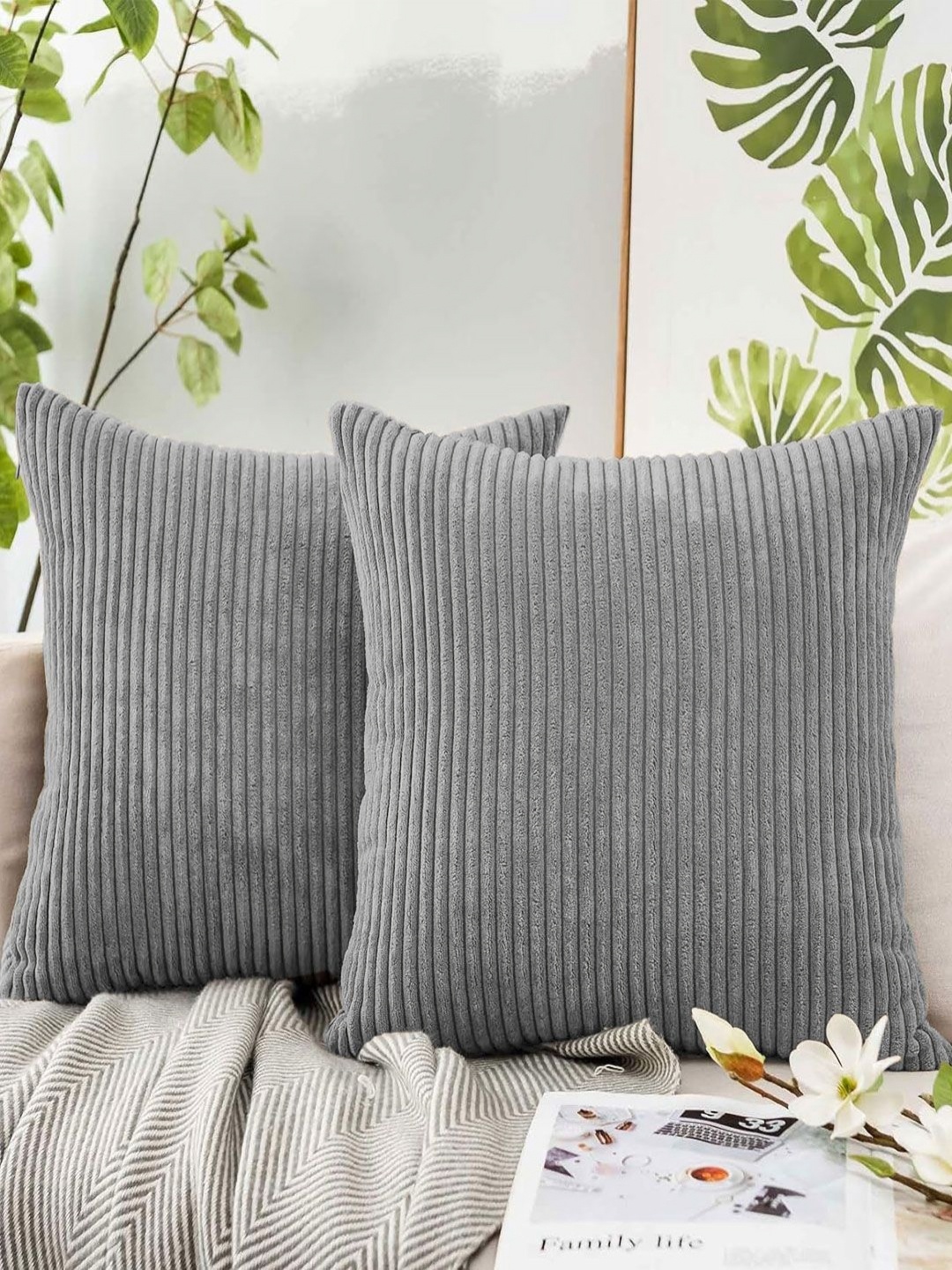 

LUXEHOME INTERNATIONAL Grey 2 Pieces Striped Printed Square Cushion Covers