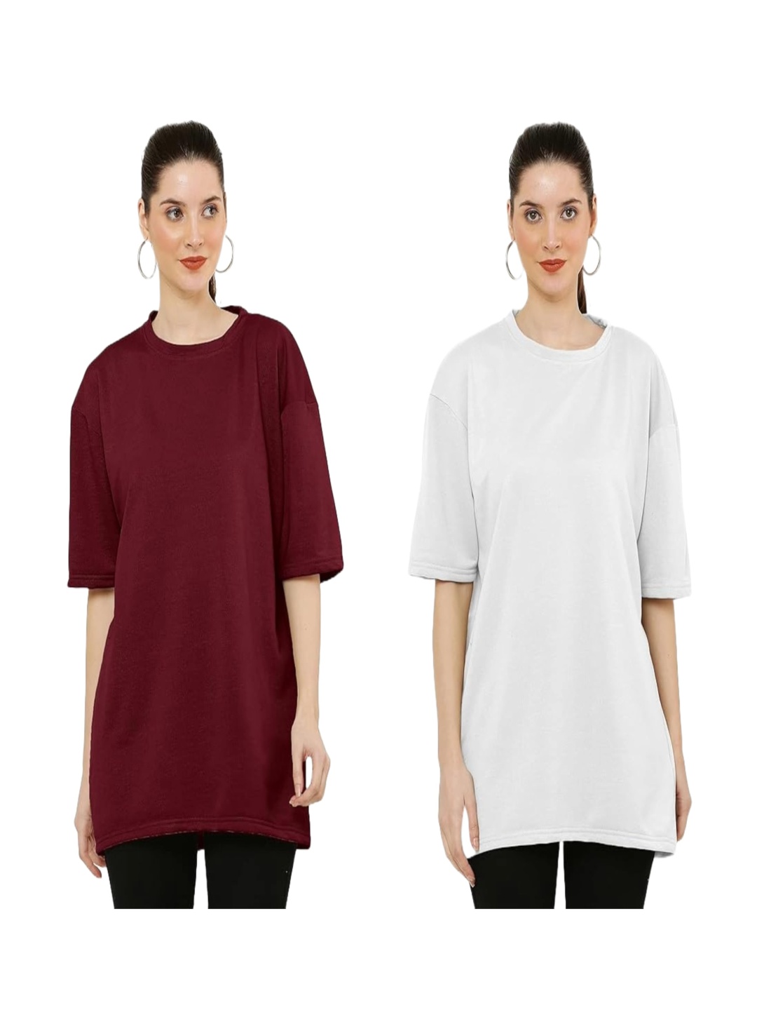 

NOTWILD Women Pack Of 2 Solid Round Neck Cotton Oversized T-shirts, Maroon