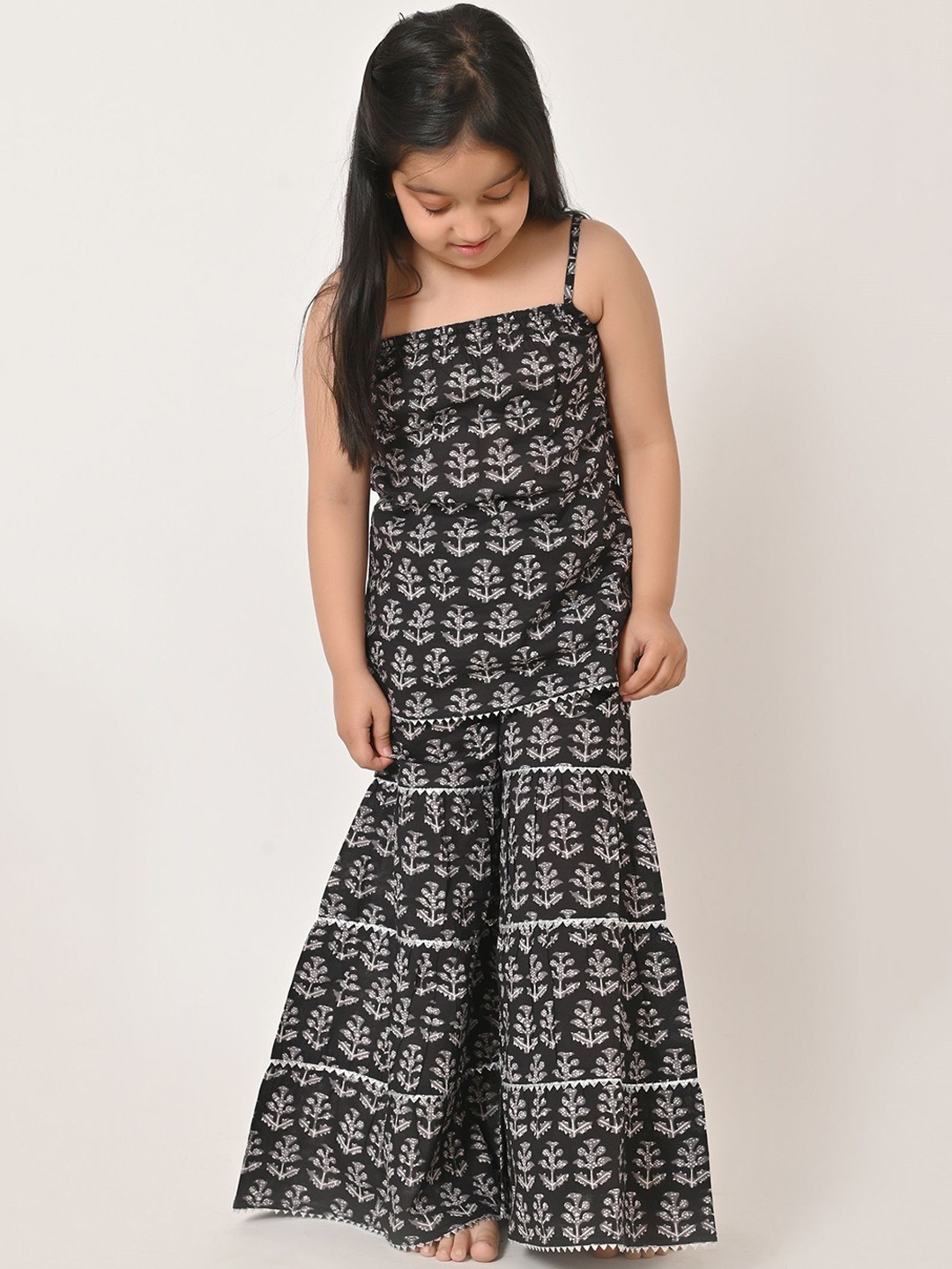 

Megha Overseas Girls Floral Printed Shoulder Straps Pure Cotton Kurta With Sharara, Black