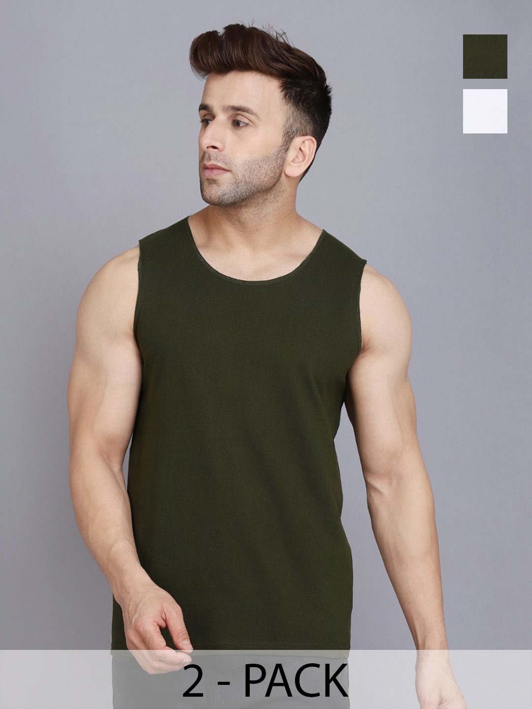 

WOOSTRO Men Pack Of 2 Solid Round Neck Cotton Slim Fit T-shirts, Olive