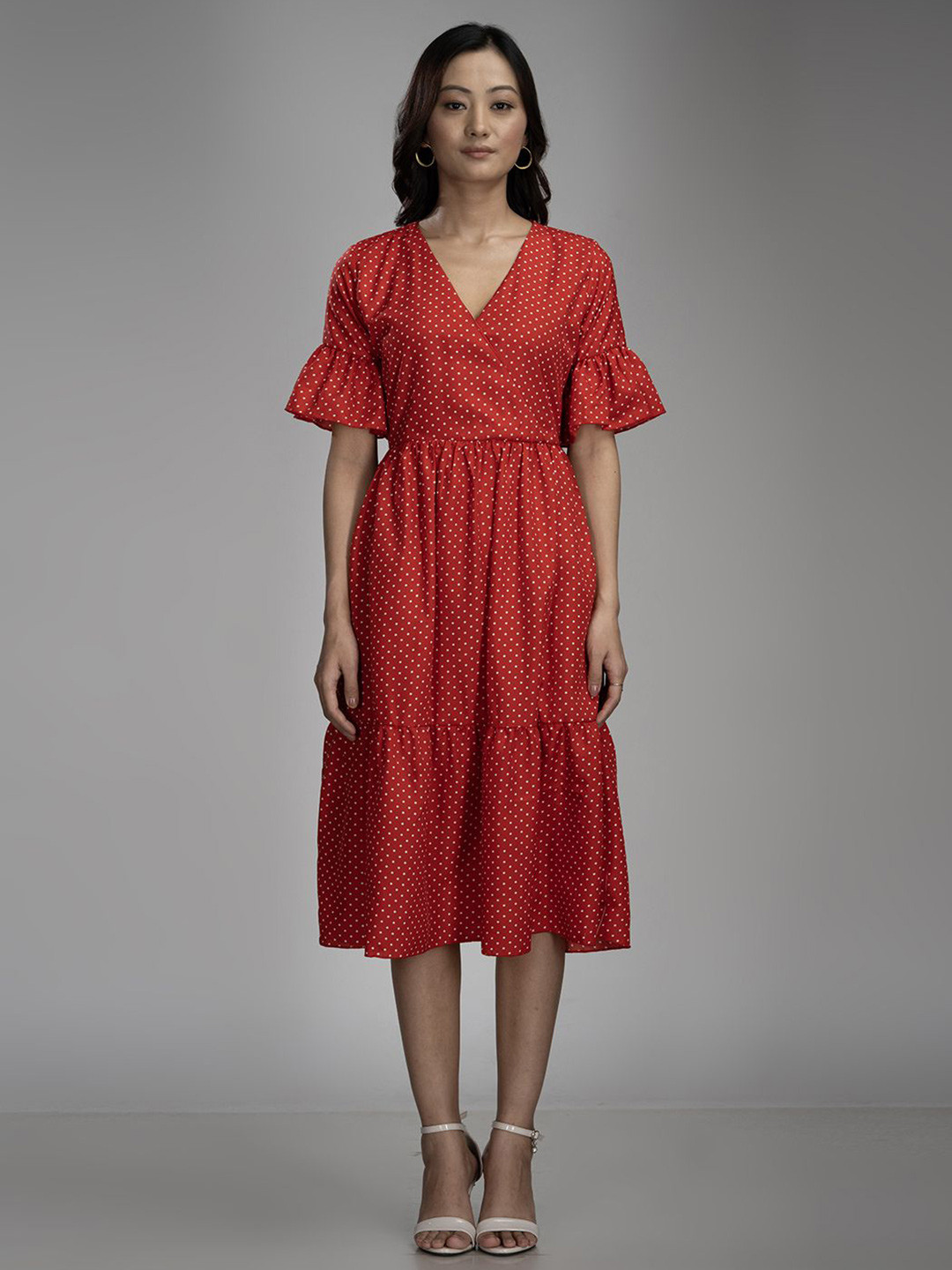 

Misswish Print Flared Sleeve Georgette Fit & Flare Dress, Red