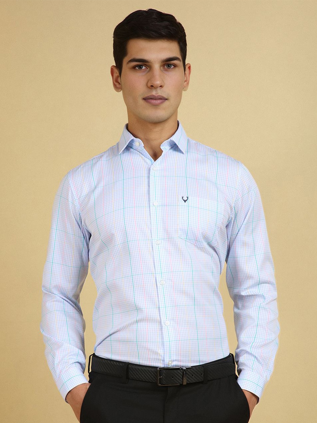 

Allen Solly Men Slim Fit Spread Collar Micro Checked Cotton Formal Shirt, Blue