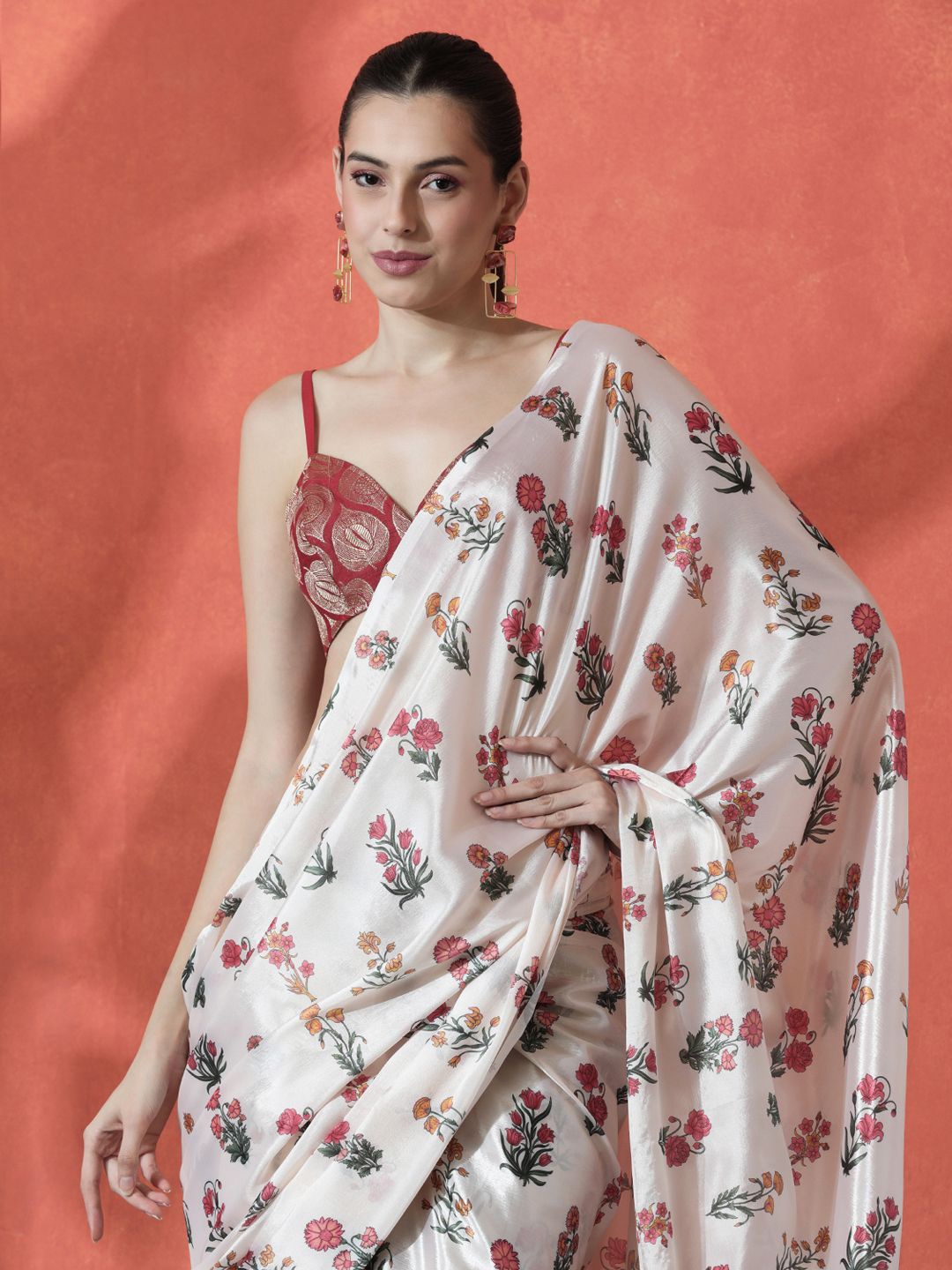 

Sangria Ready to wear Satin Floral Digital Printed Saree, White