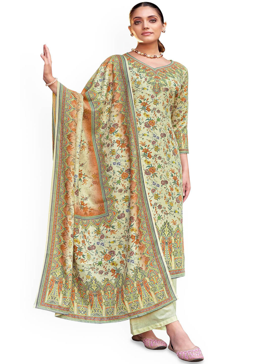 

DRAVINAM Trends Ethnic Motifs Printed Unstitched Dress Material, Green