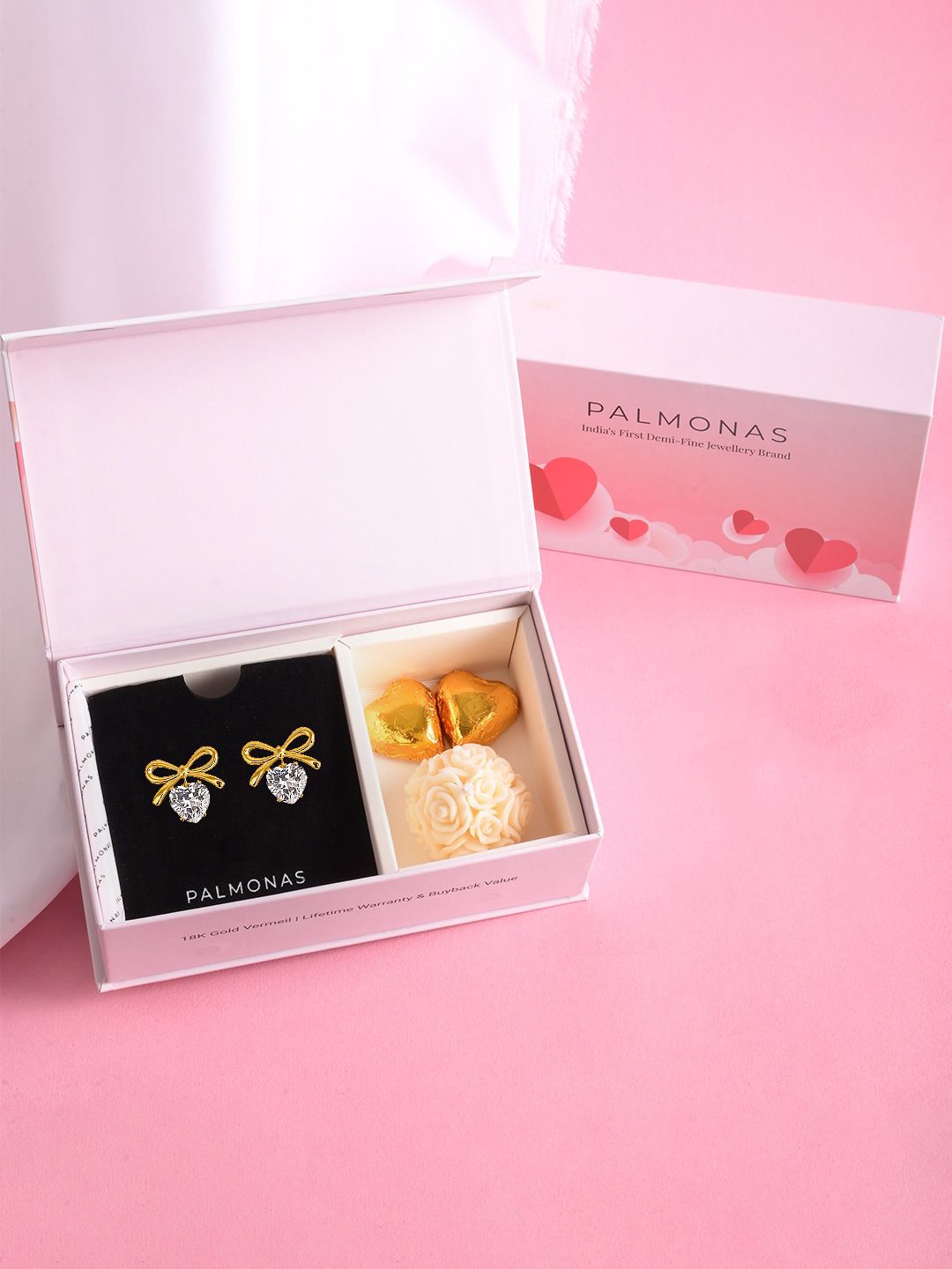 

PALMONAS Gold-Plated Anti-Tarnish Heart Shaped Zircon Studded & Bow Studs Earrings