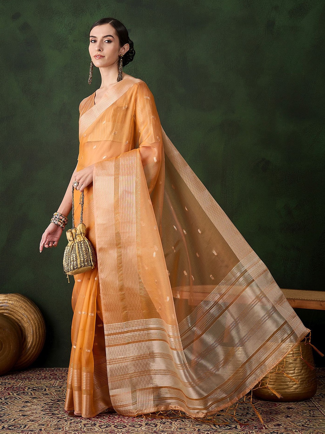 

KALINI Woven Design Zari Organza Kanjeevaram Saree, Orange