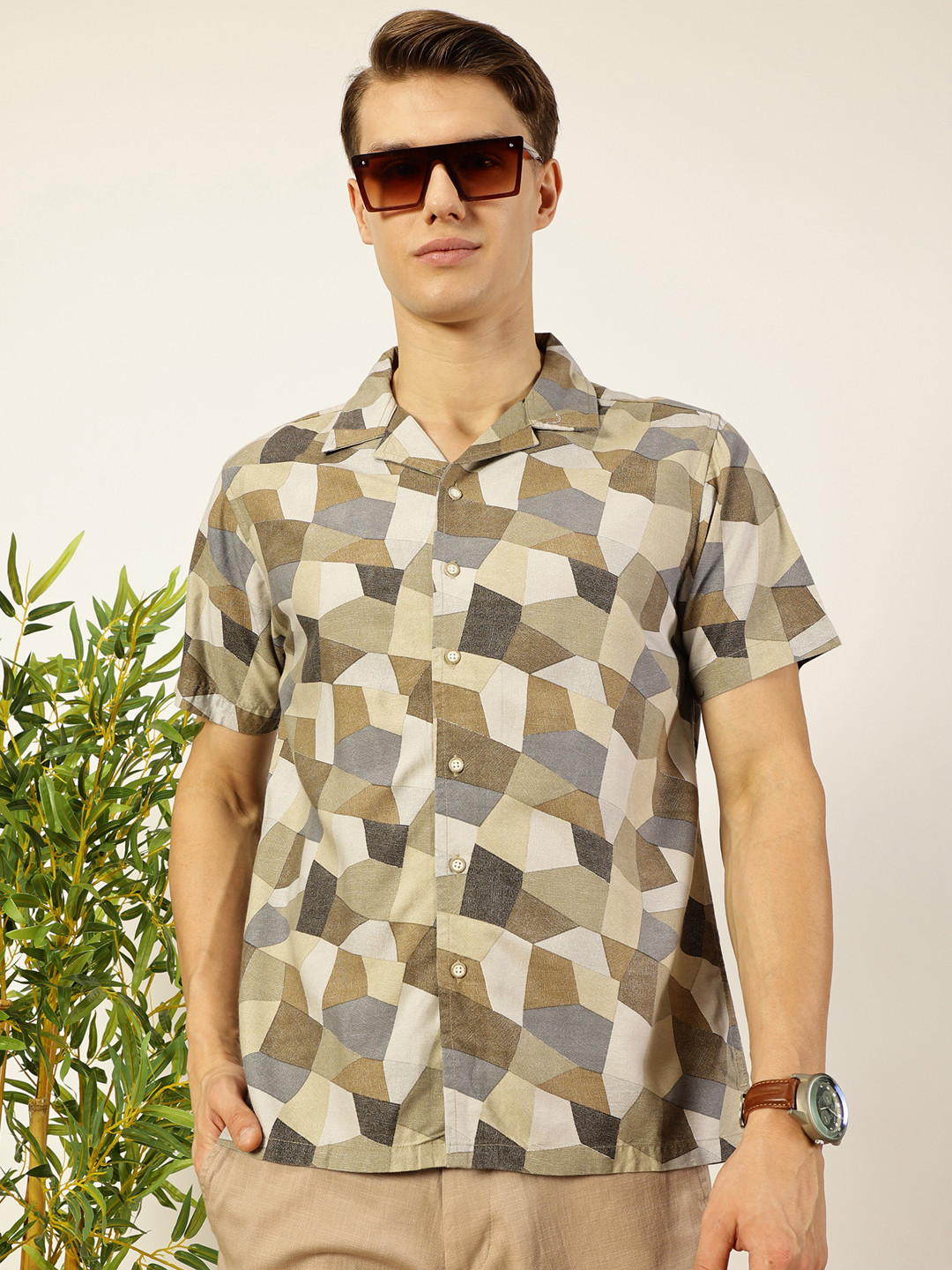 

Mast & Harbour Men Cuban Collar Geometric Printed Cotton Casual Shirt, Brown