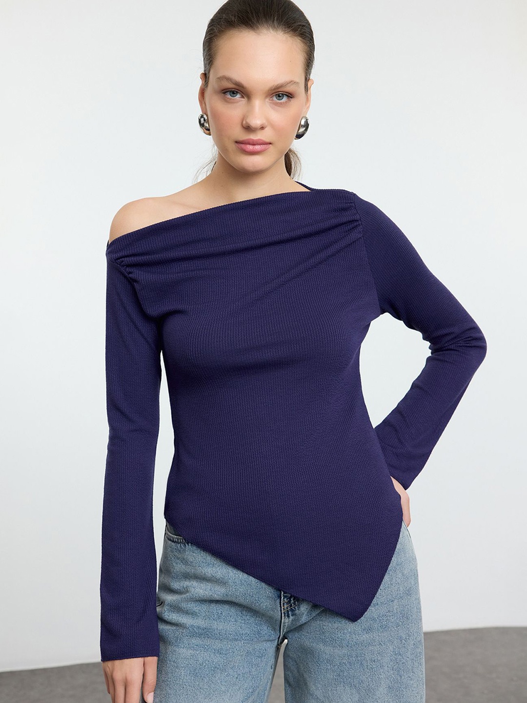 

Trendyol Women Ribbed Off-Shoulder Fitted Top, Blue