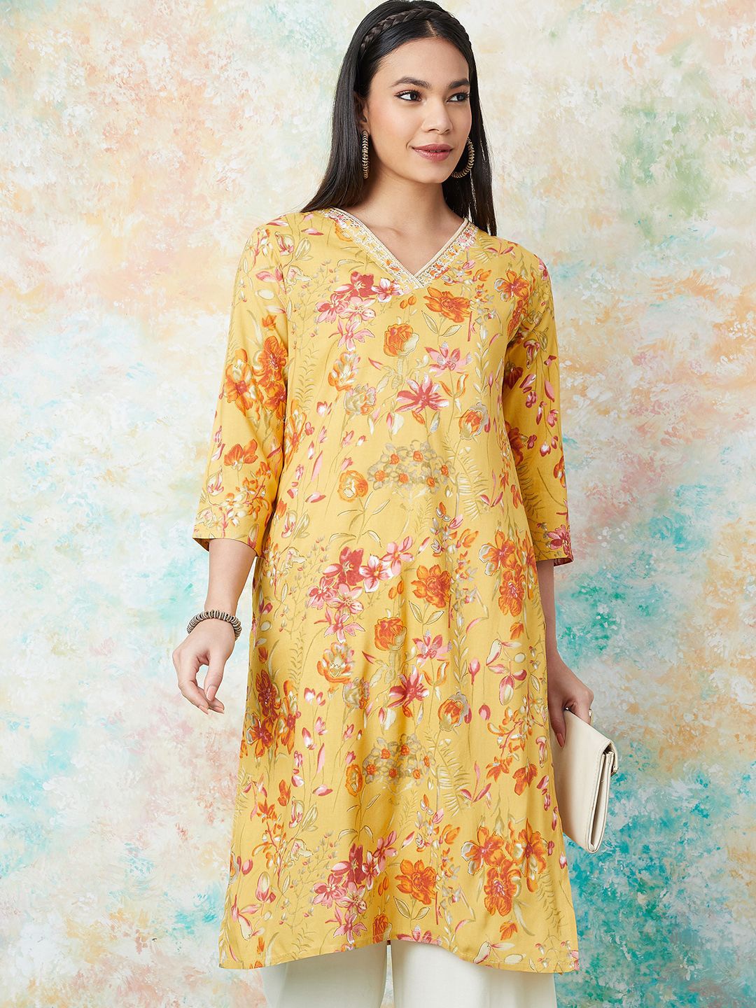 

Melange by Lifestyle Floral Printed V-Neck Thread Work Straight Kurta, Mustard