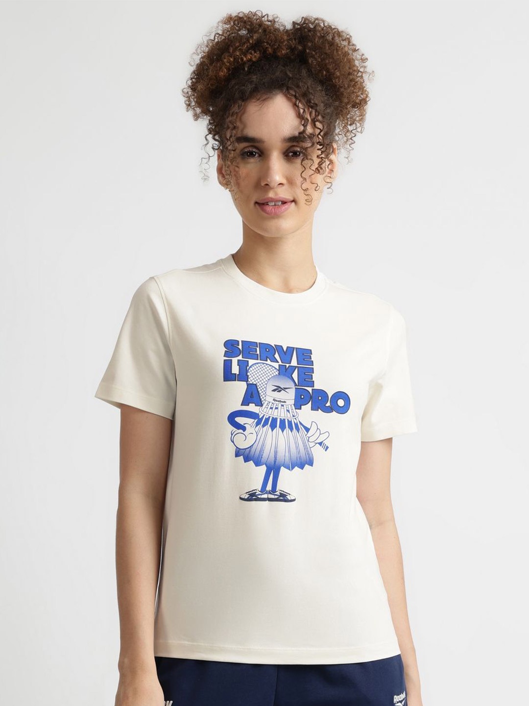 

Reebok Women Graphic Printed Short Sleeves Cotton Casual T-shirt, Cream