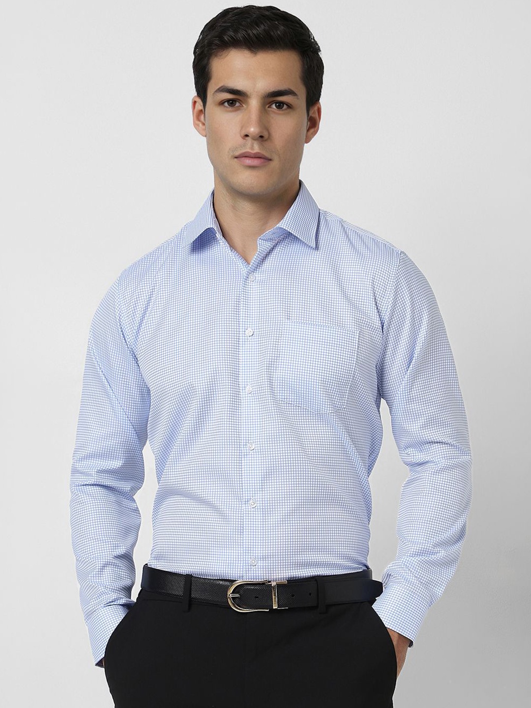 

Van Heusen Men Slim Fit Spread Collar Micro Checked Cotton Formal Shirt, Blue