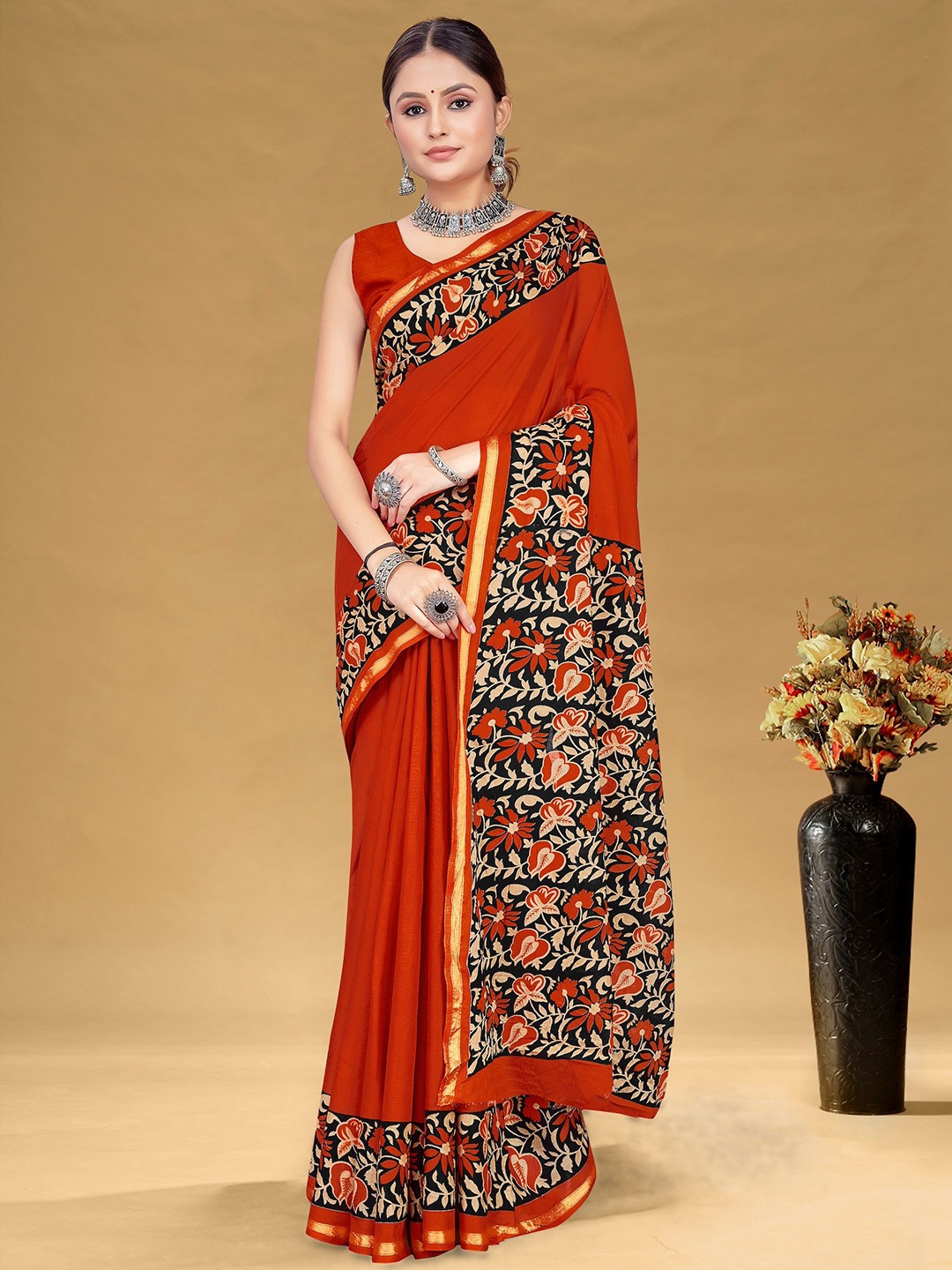 

HERE&NOW Floral Zari Pure Cotton Ikat Saree, Red