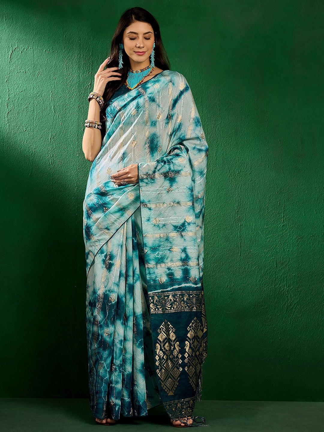 

KIMISHA Woven Design Zari Bandhani Saree, Teal