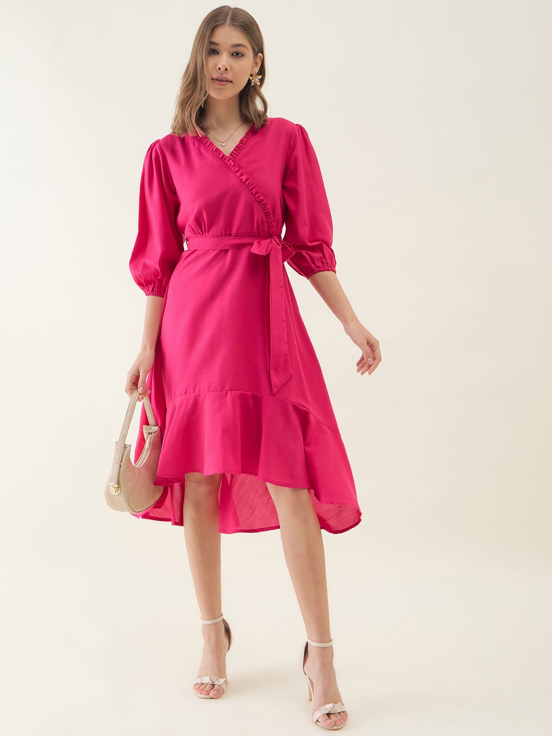 

OCTICS Puff Sleeve Fit & Flare Dress, Pink