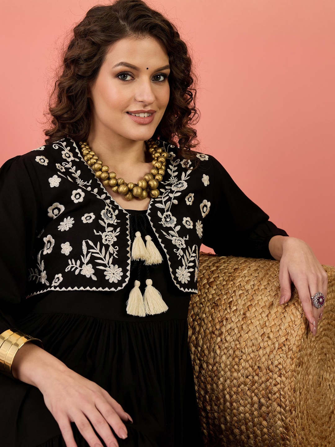 

Sangria Women Tiered Sleeveless Maxi Dress With Embroidered Crop Jacket, Black