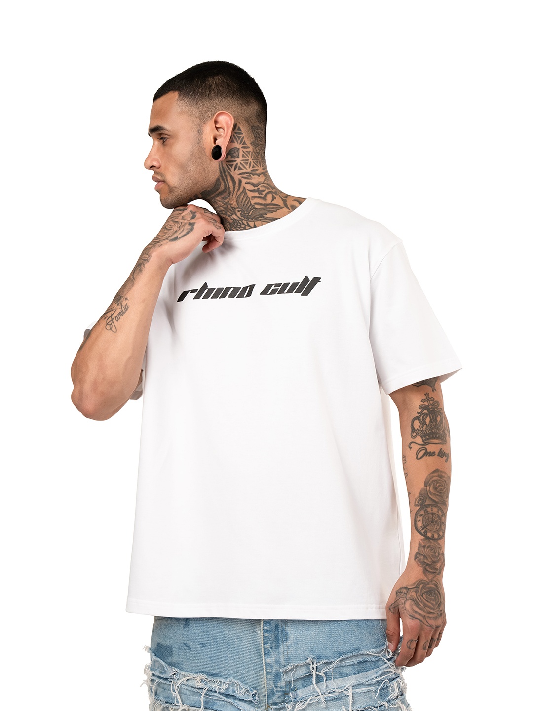 

RHINO CULT Men Graphic Printed Round Neck Cotton Oversized T-shirt, White