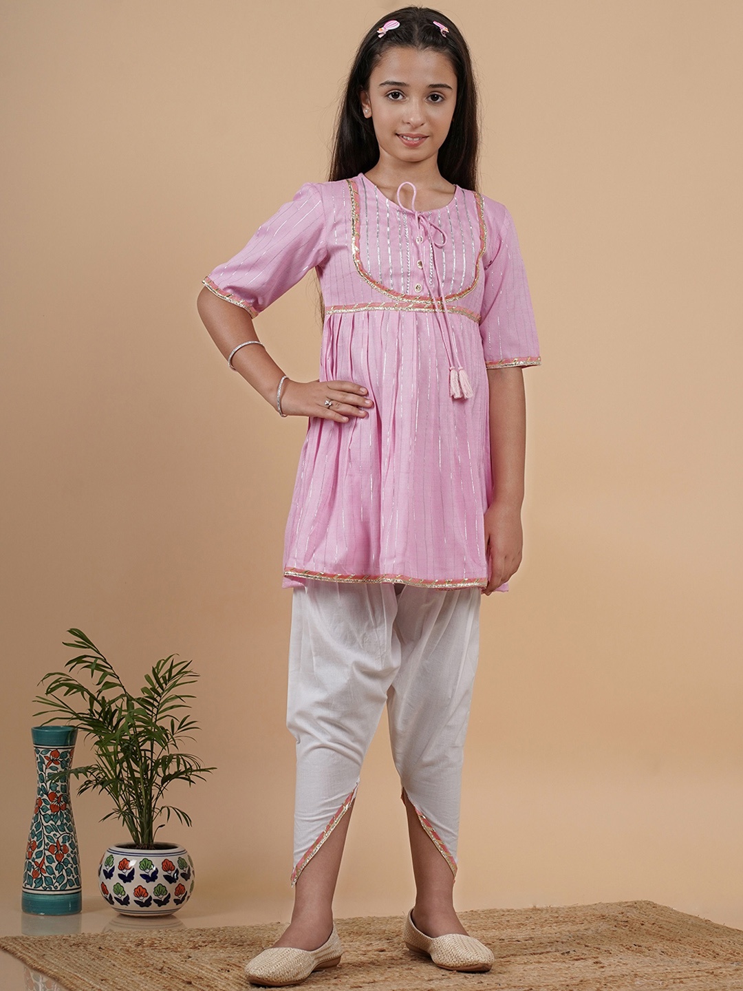 

TUNIYA Girls Cotton Blend Gotta Patti Tie-Up Neck Anarkali Kurta With Dhoti Pants, Pink