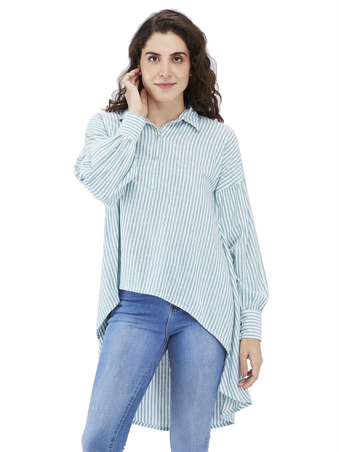 

Iti Women Spread Collar Vertical Striped Casual Shirt, Blue