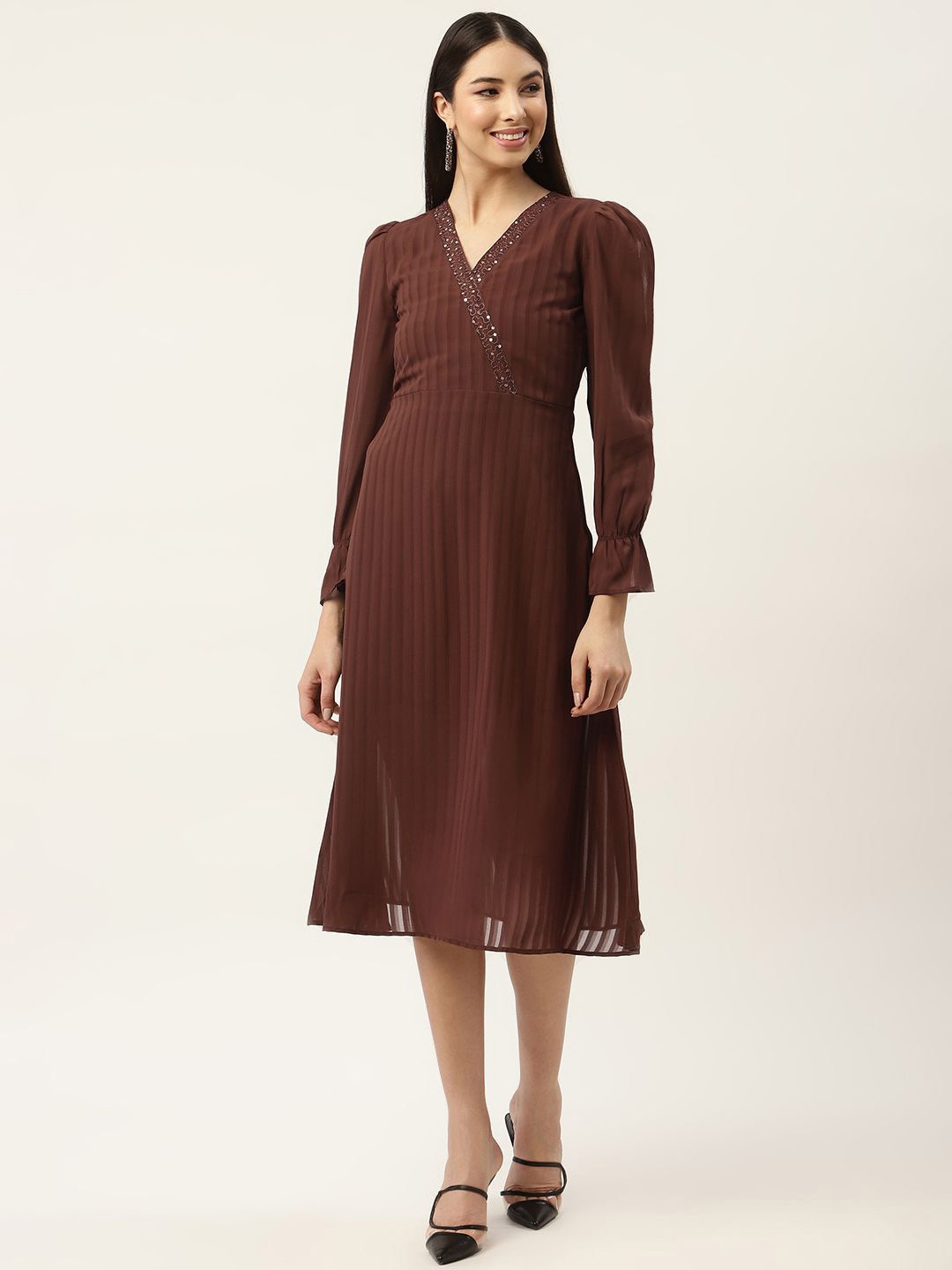 

Moda Rapido Bishop Sleeve Georgette Fit & Flare Midi Dress, Brown