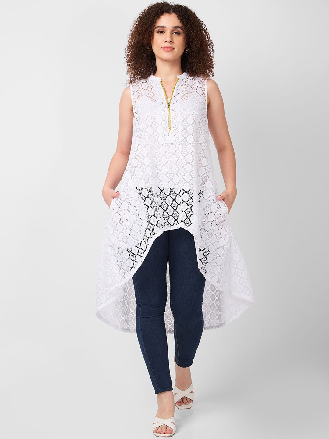 

Iti Mandarin Collar Lace High-Low Longline Top, White