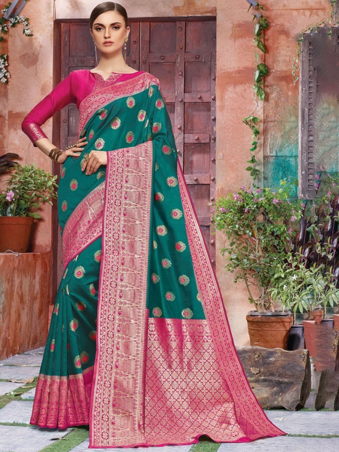 

Taslar Woven Design Zari Pure Silk Banarasi Saree, Teal