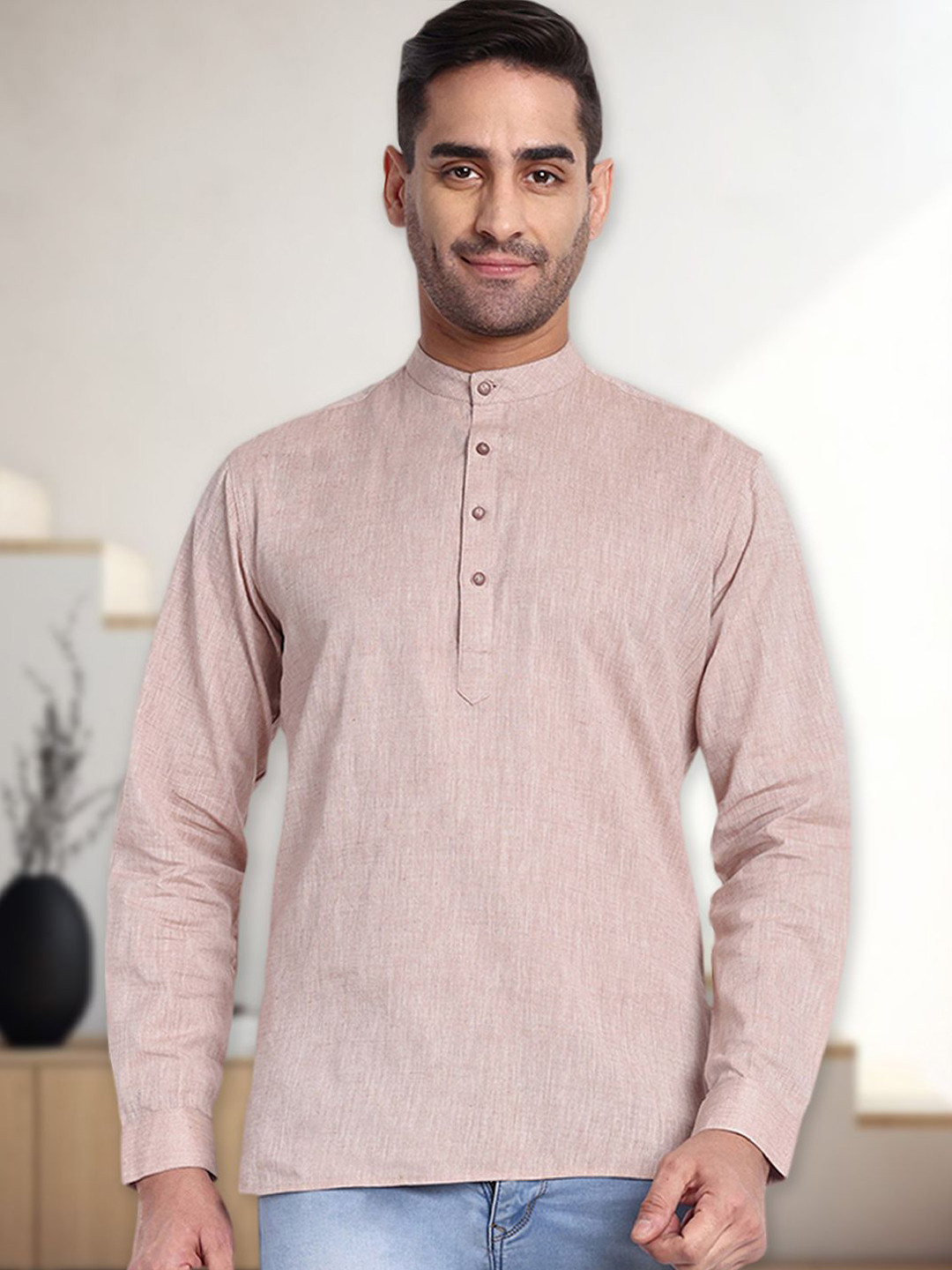 

Tesmare Band Collar Cotton Straight Short Kurta, Brown