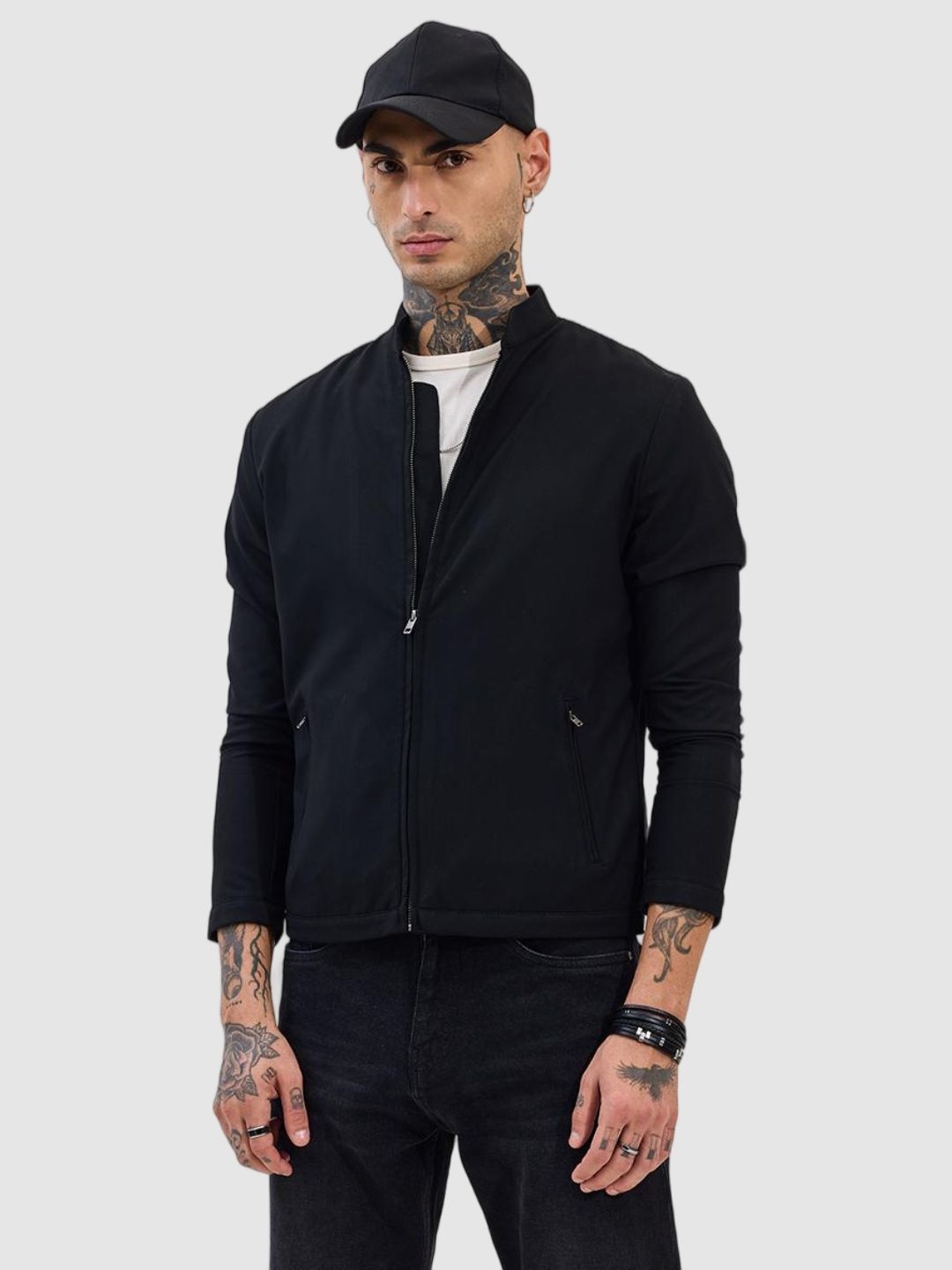 

Snitch Men Mandarin Collar Solid Casual Tailored Jacket, Black