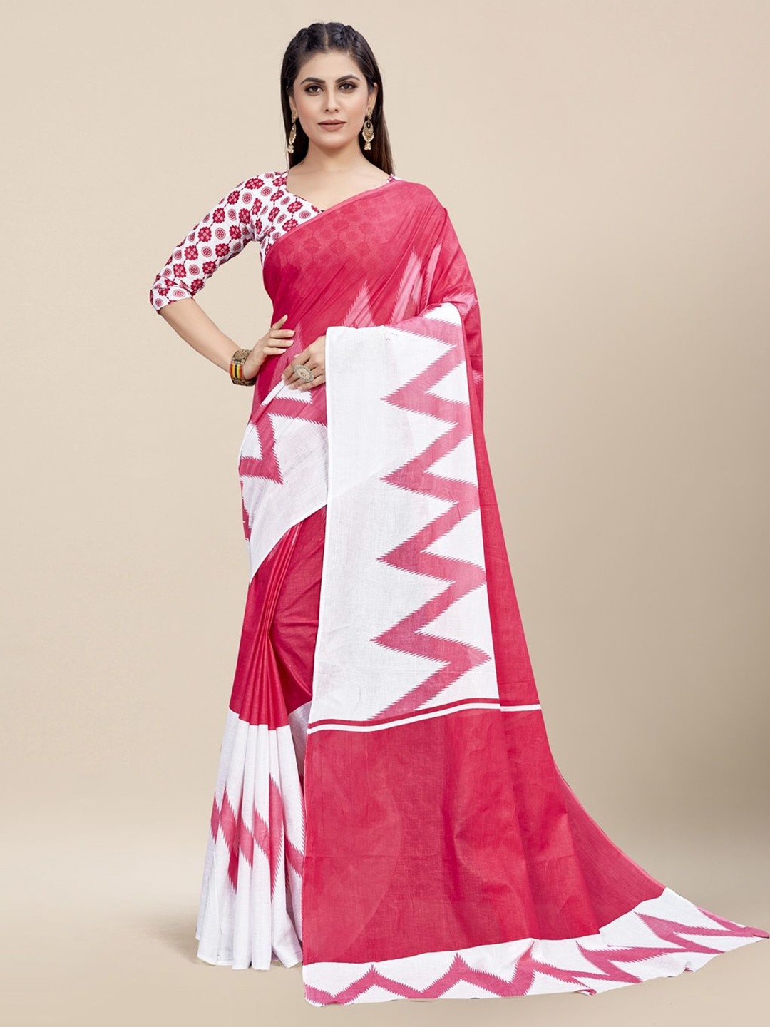 

HERE&NOW Printed Pure Cotton Ikat Saree, Pink