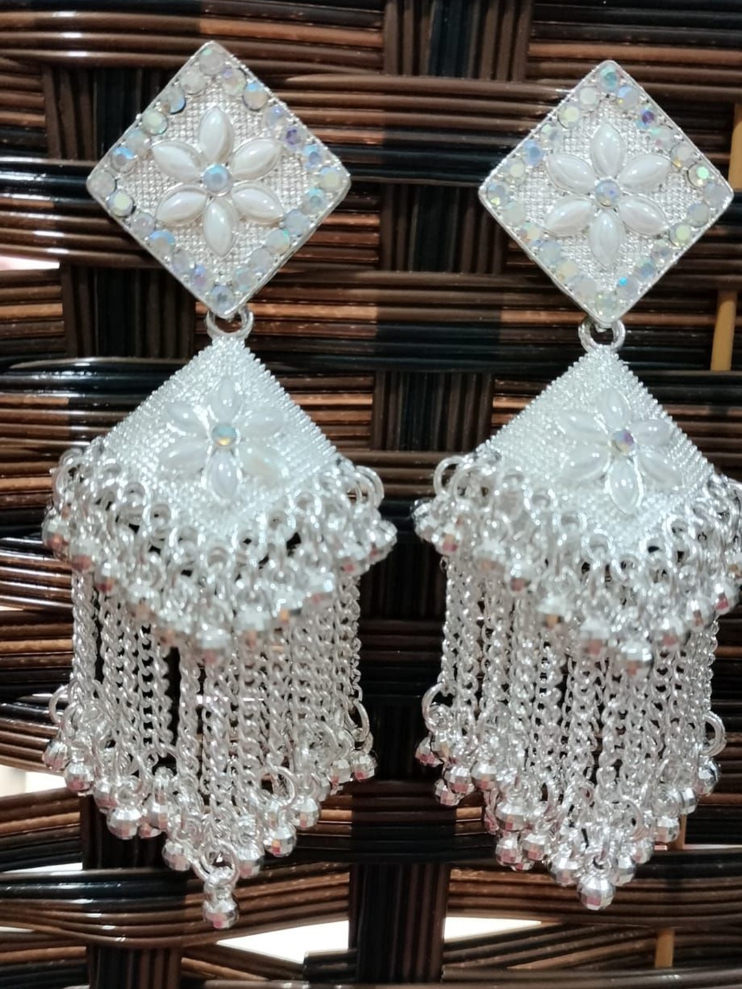 

JMBW INTERNATIONAL Sterling Silver Artificial Stones Studded And Beaded Drop Earrings