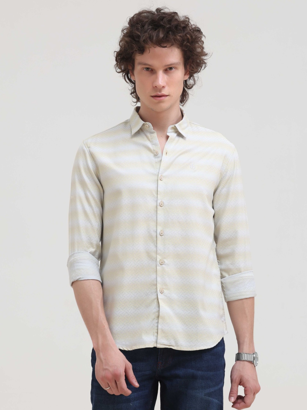 

Grit and Flair Men Comfort Regular Fit Horizontal Striped Cotton Casual Shirt, Off white