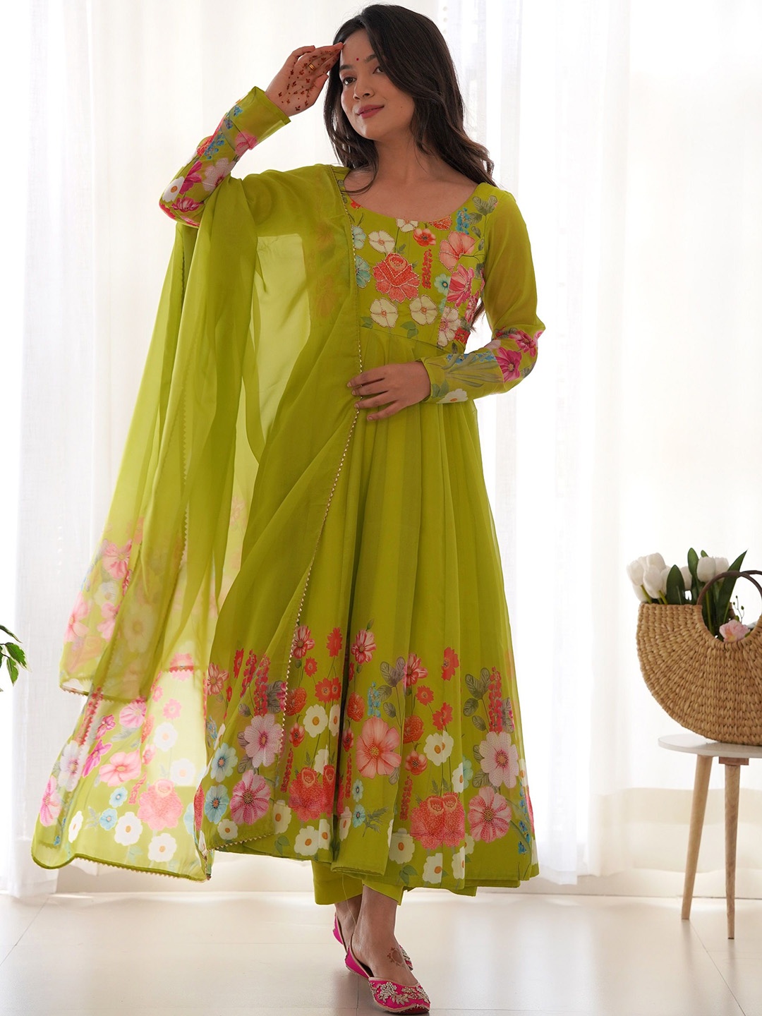 

KALINI Women Ethnic Motifs Printed Regular Kurta with Trousers & With Dupatta, Lime green