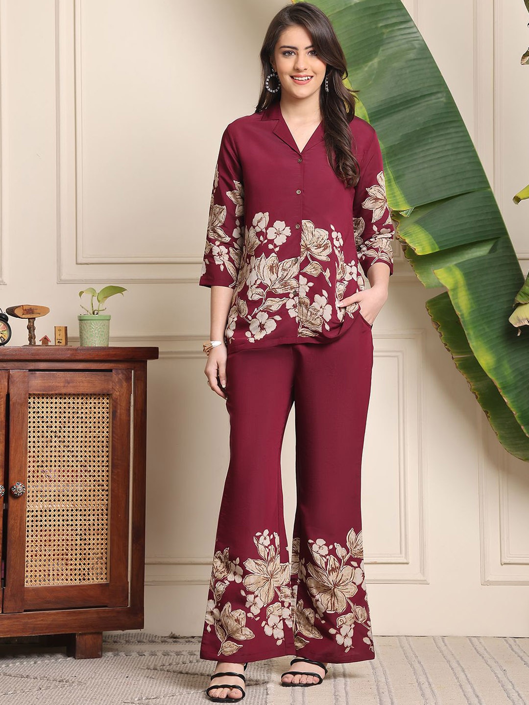 

Claura Floral Printed Shirt And Trouser, Burgundy