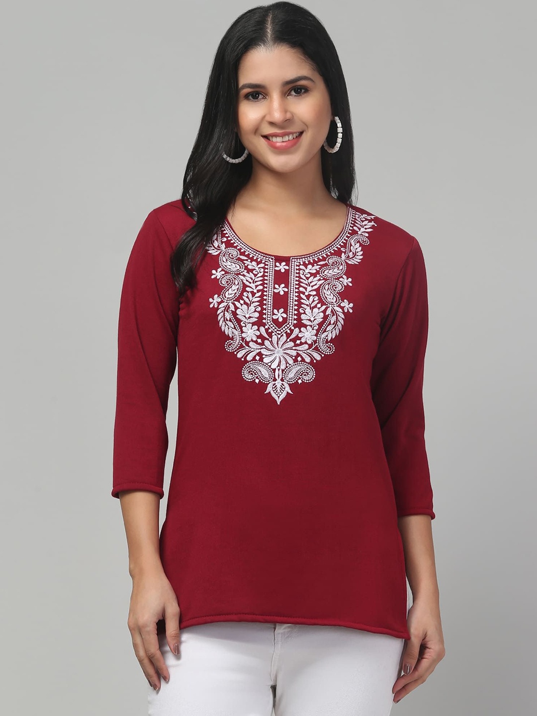 

FAMBEE Women Embroidered Thread Work Woollen Kurta, Maroon