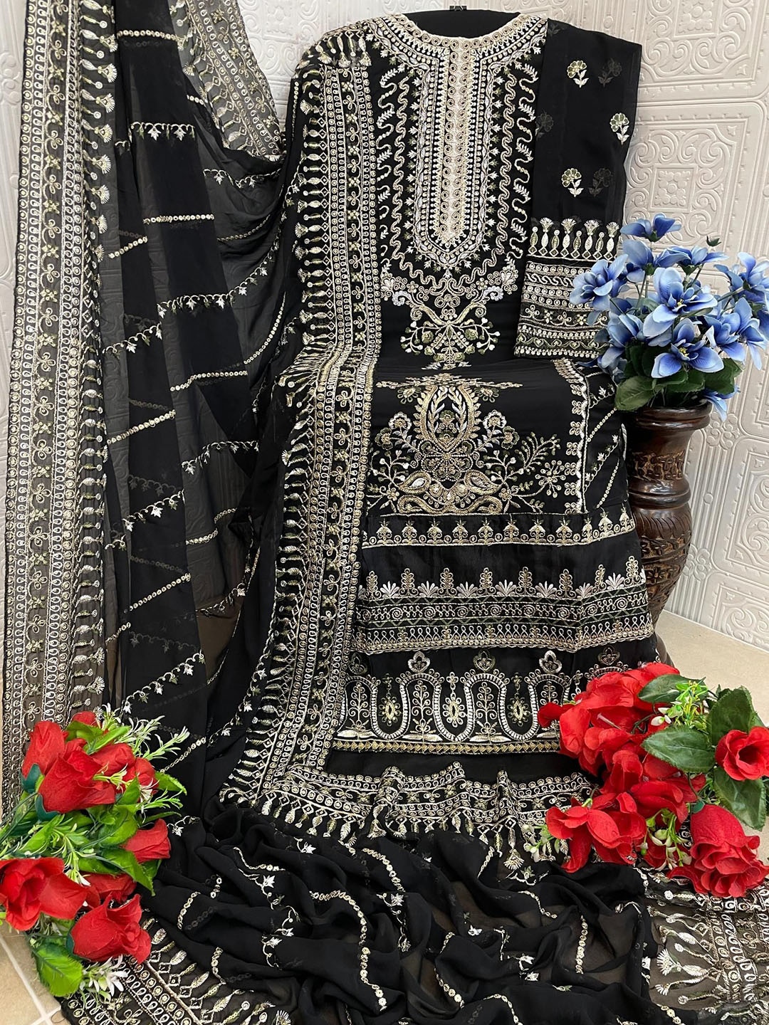 

ANAMSA Ethnic Motifs Zari Embroidered Semi-Stitched Dress Material, Black