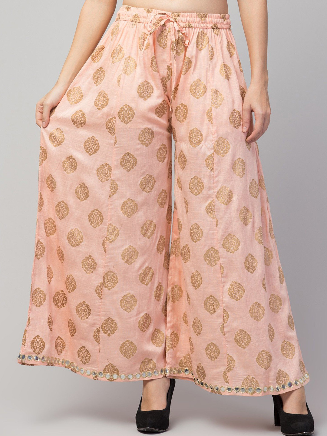 

FAMBEE Women Floral Printed Flared Knitted Palazzos, Orange