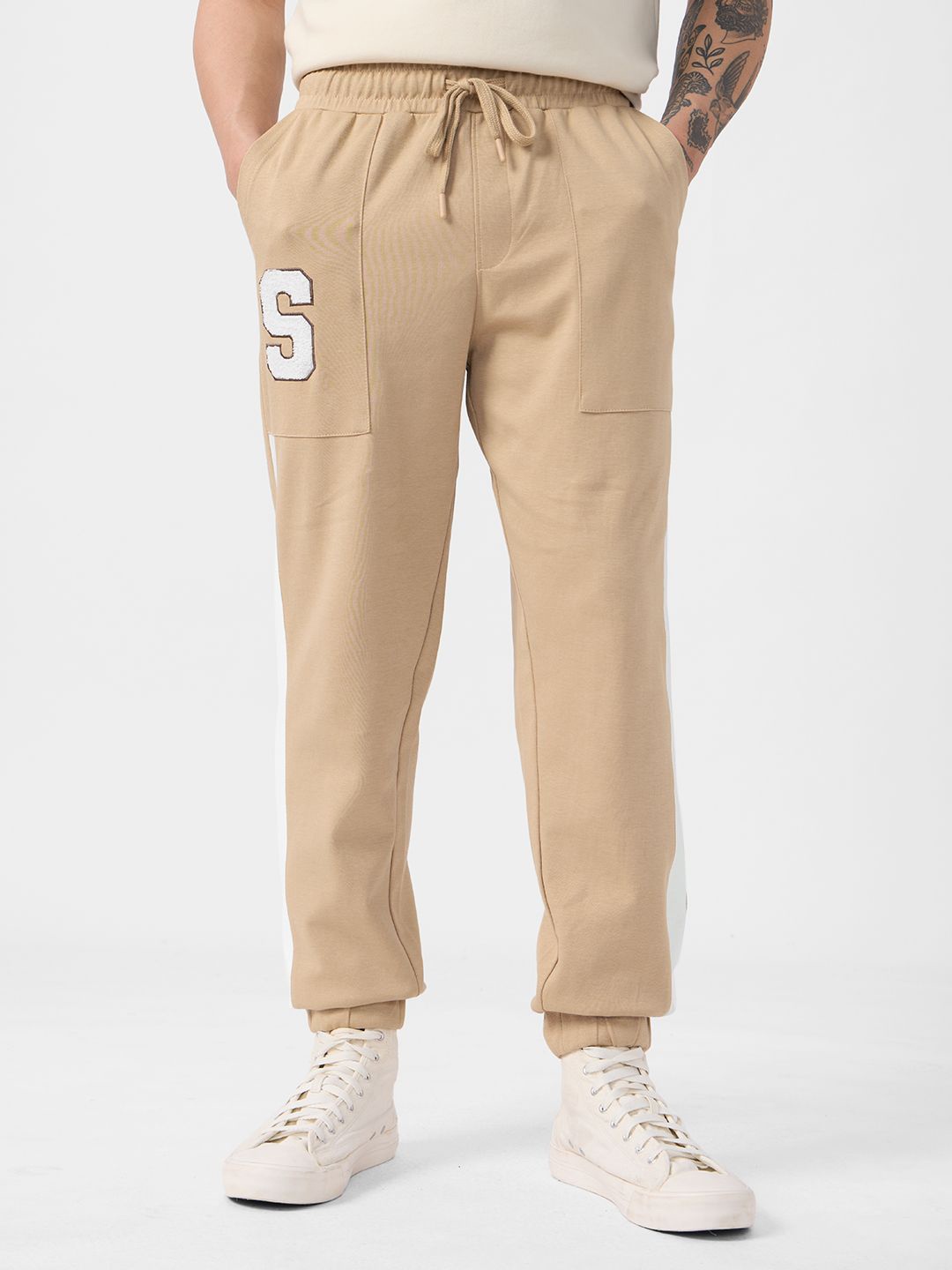 

The Souled Store Men Mid-Rise Pure Cotton Joggers, Beige