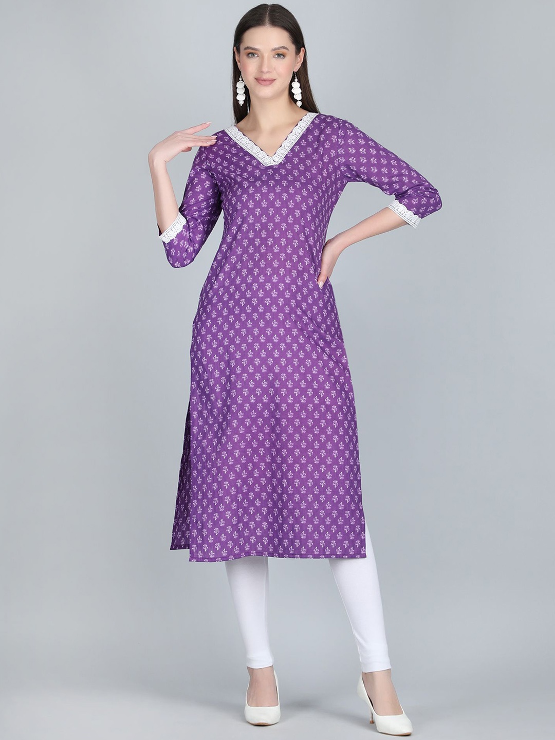 

ANANDITA Floral Printed V Neck Lace Work Pure Cotton Printed Kurta, Purple