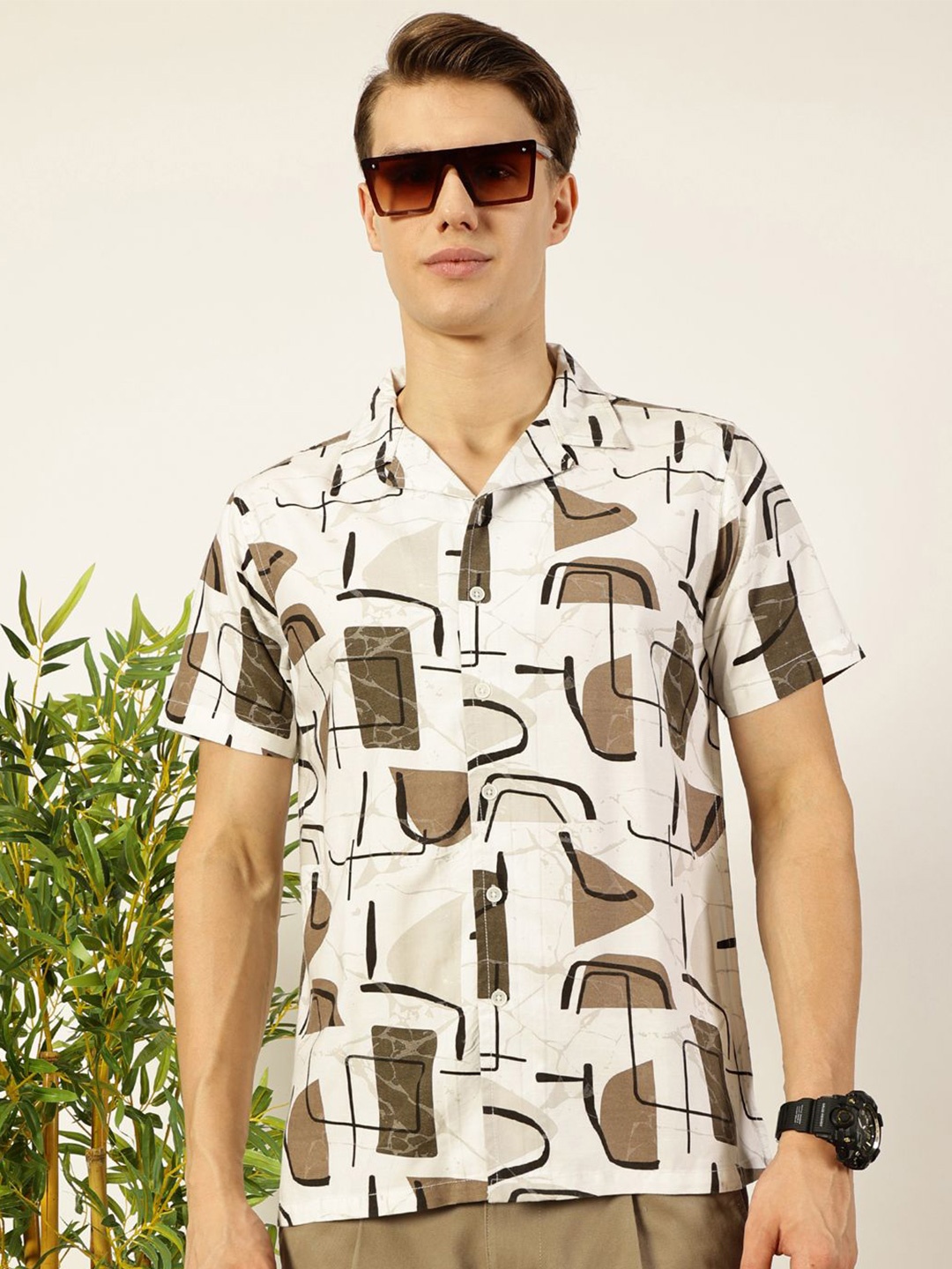 

Mast & Harbour Men Cuban Collar Abstract Printed Cotton Casual Shirt, White