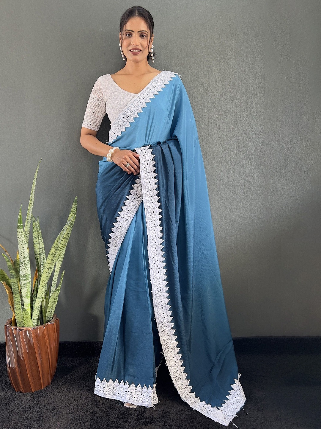 

A TO Z CART Pure Chiffon Saree with Blouse Piece, Turquoise blue