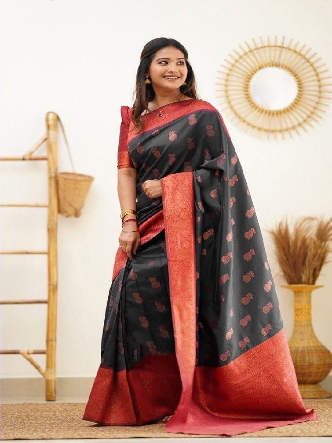 

Manu Designer Woven Design Saree With Blouse Piece, Black