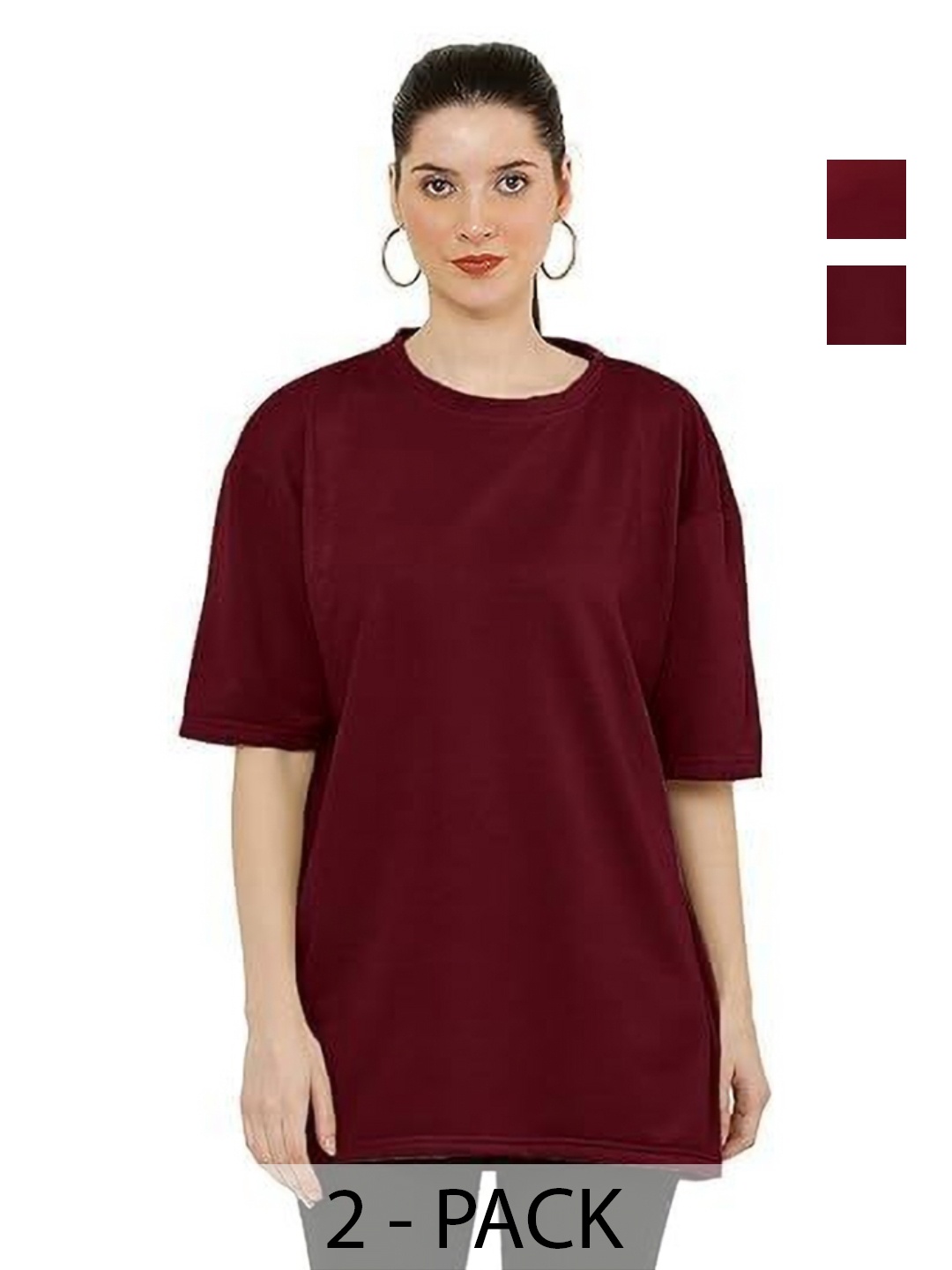 

NOTWILD Women Pack Of 2 Solid Round Neck Cotton T-shirts, Maroon