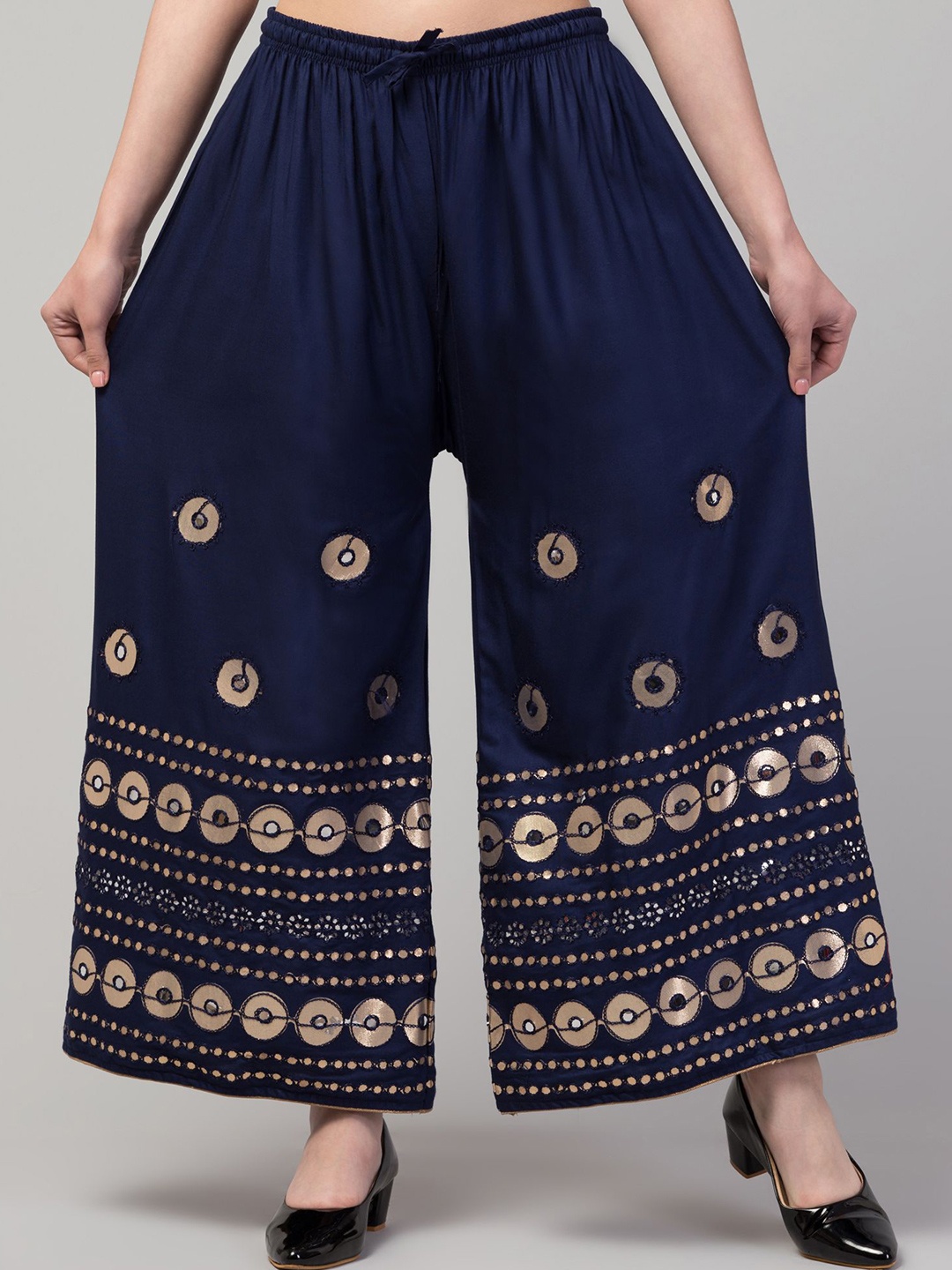 

FAMBEE Women Ethnic Motifs Printed Flared Knitted Palazzos, Blue