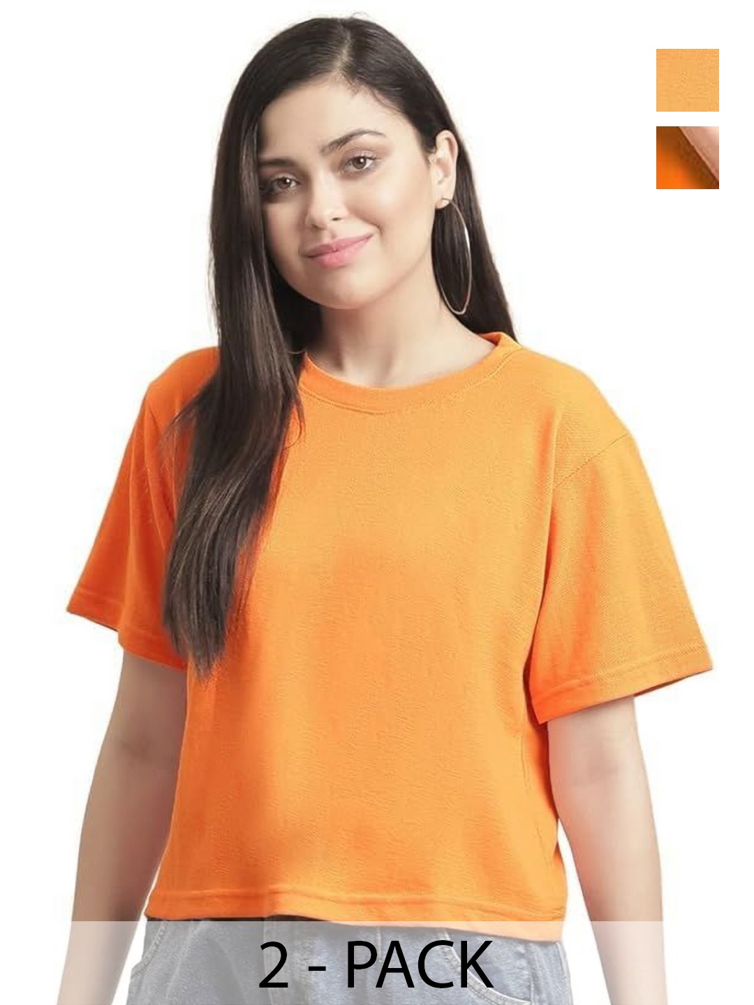 

NOTWILD Women Pack Of 2 Solid Round Neck Cotton T-shirts, Orange