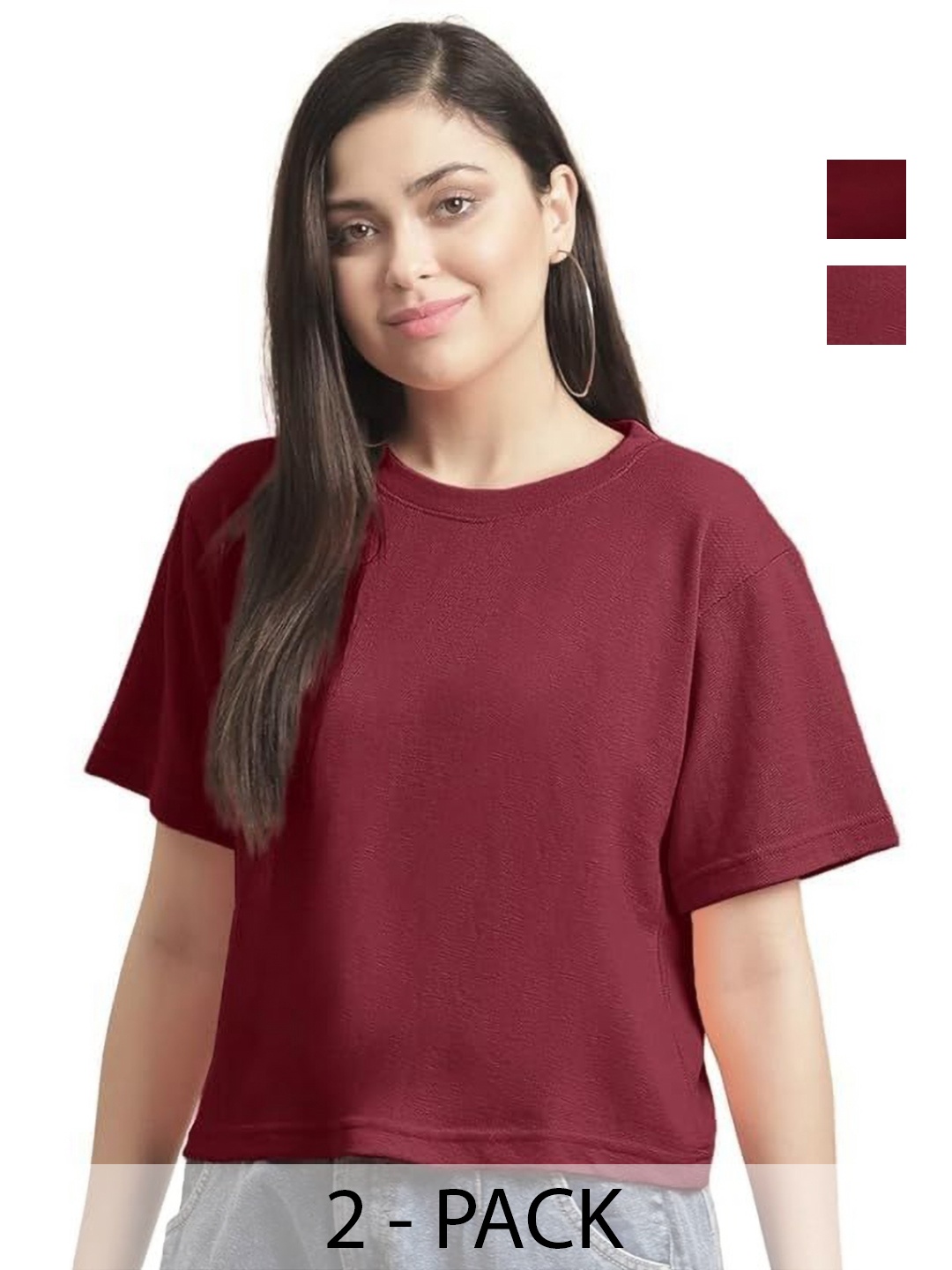 

NOTWILD Women Pack Of 2 Solid Round Neck Cotton T-shirts, Maroon