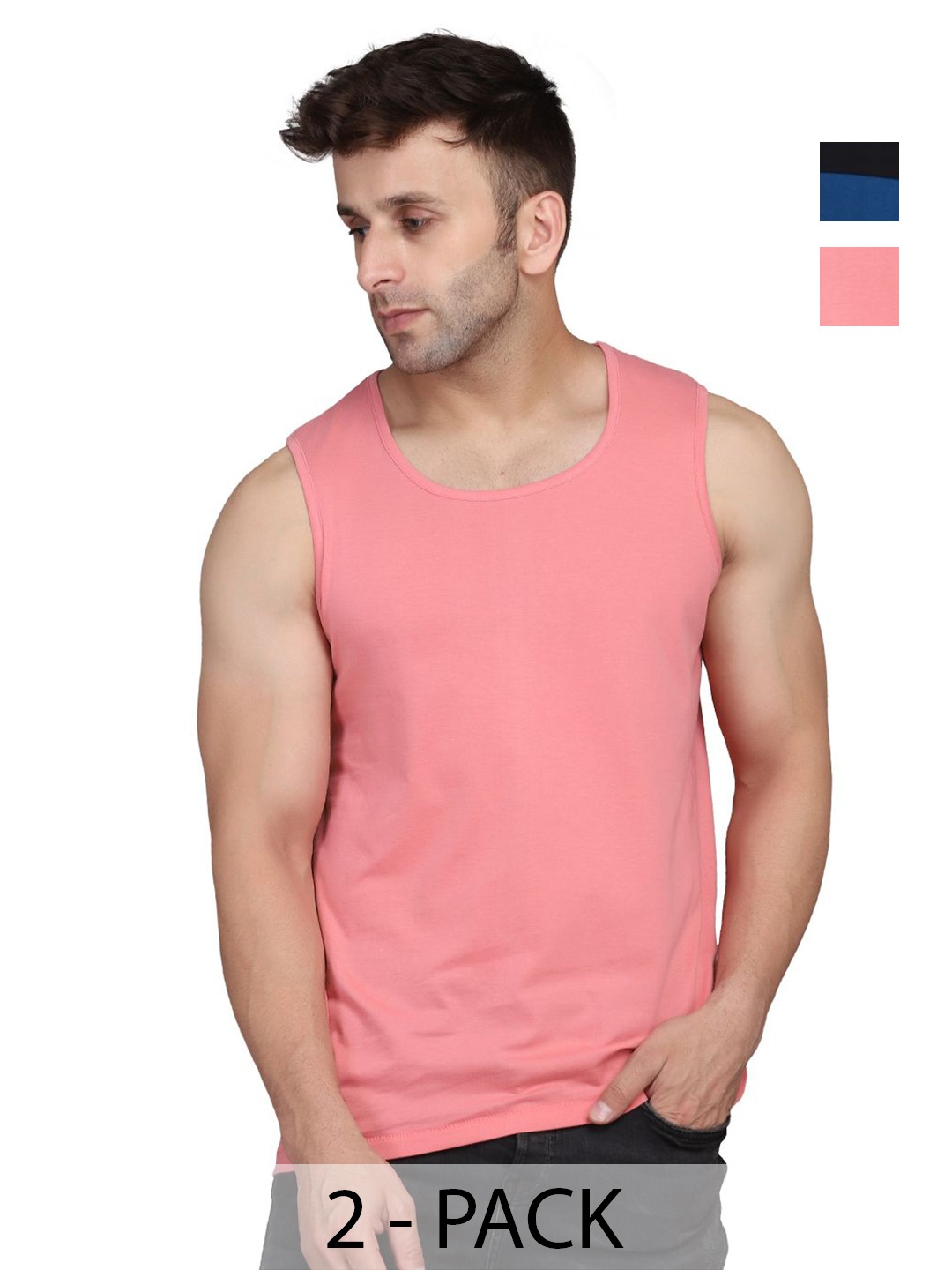 

WOOSTRO Men Pack Of 2 Solid Round Neck Cotton Slim Fit T-shirts, Pink