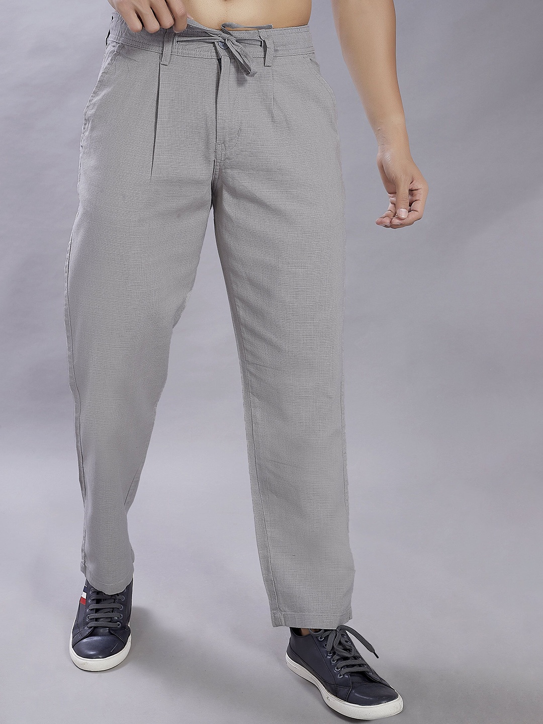 

DIVISIVE Men Relaxed Loose Fit Mid-Rise Linen Trousers, Grey