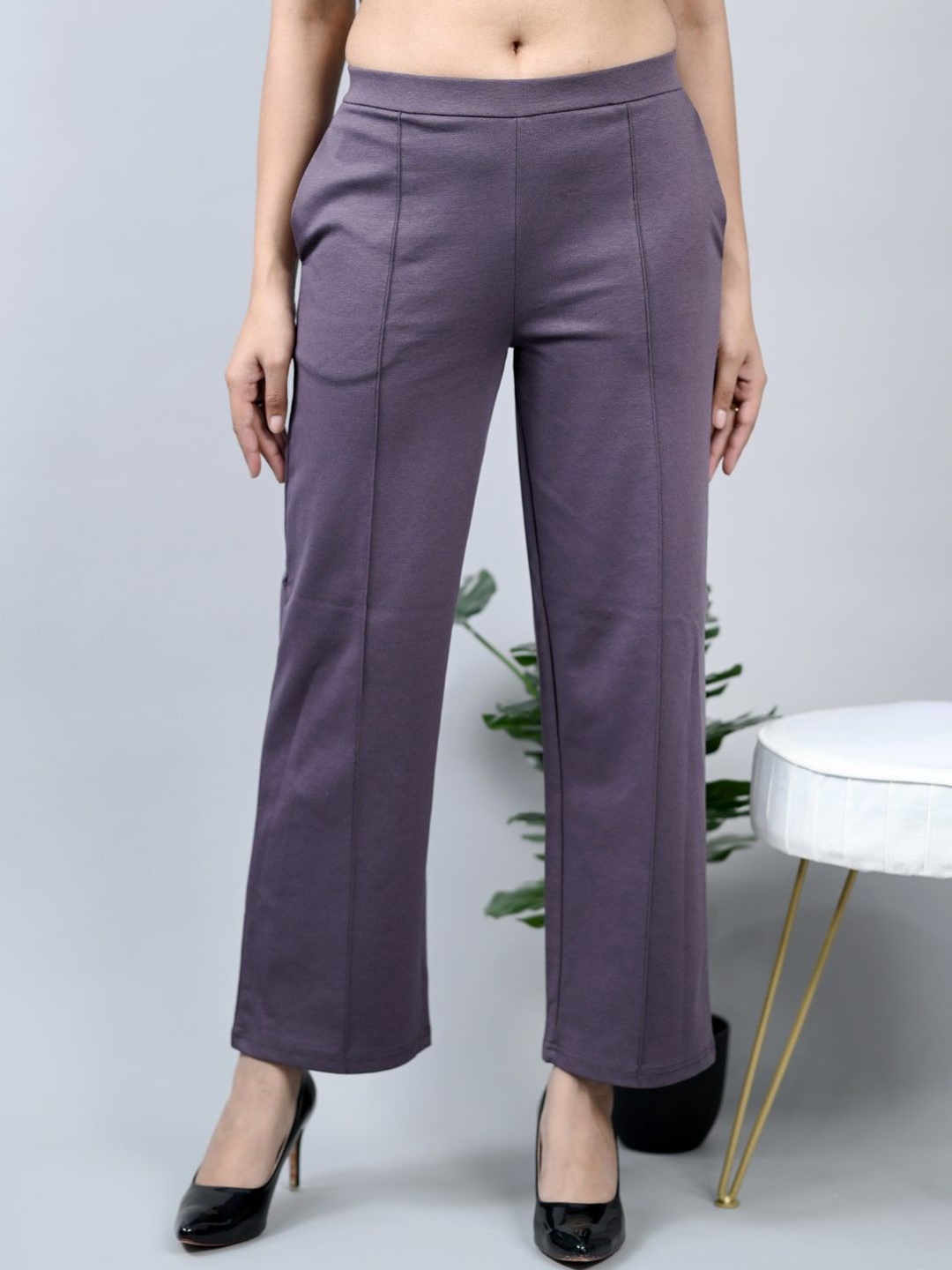 

Mlada Women Plus Size Wide Leg Flared Mid-Rise Stretchable Cotton Trouser, Purple