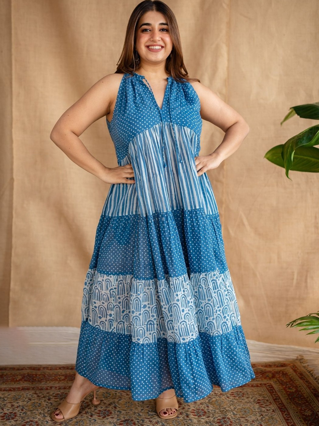 

THE INDIAN ETHNIC CO Polka Dot Printed Tiered Cotton A-Line Maxi Dress, Blue