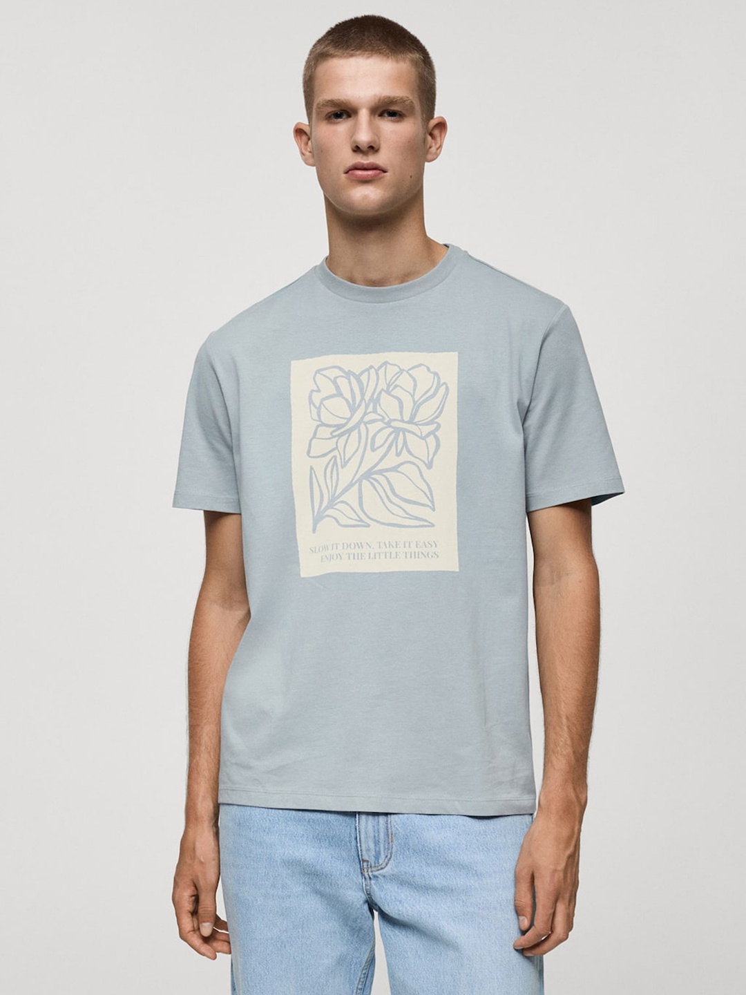 

MANGO MAN Floral Print Pure Cotton T-shirt, Blue